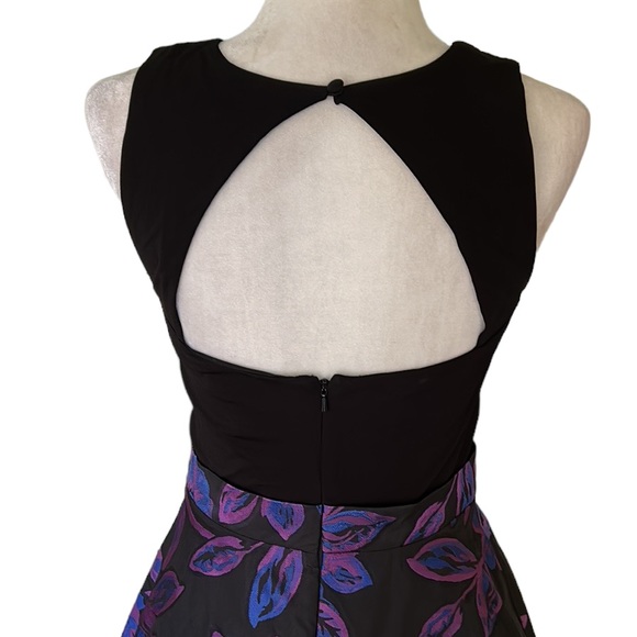 Aidan Mattox Black & Purple Woven Jacquard Floral Cutout Fit & Flare Dress - 4 - Picture 9 of 14